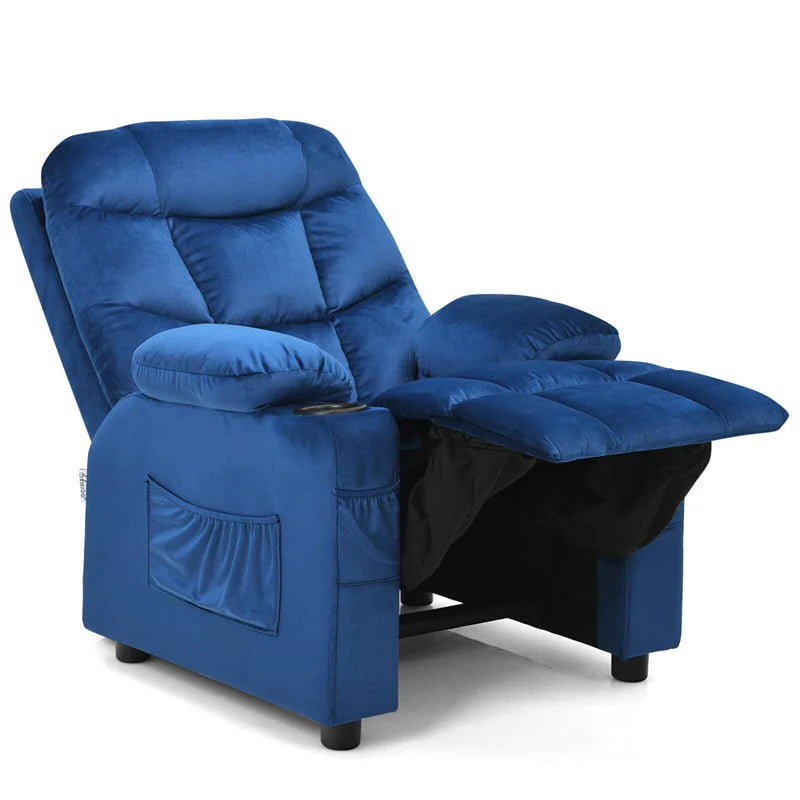 Kids Recliner Chair Adjustable Velvet Lounge Sofa with Cup Holders, 3 Pockets, Retractable Footrest, Toddler Furniture Sofa for Boys Girls Room