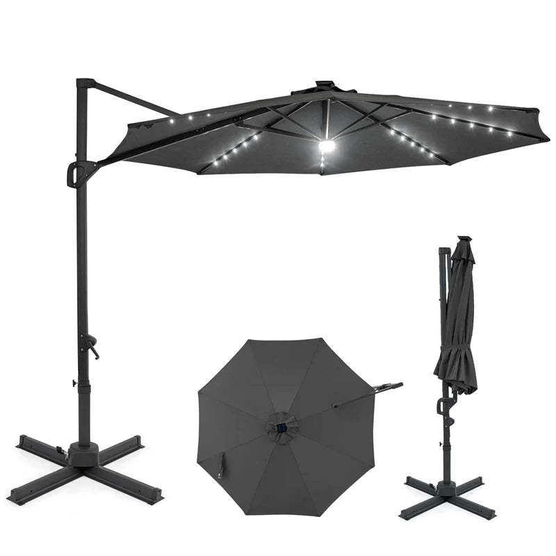 10FT Cantilever Patio Umbrella w/ 36 Solar LED Lights, 360° Rotation Offset Hanging Umbrella, Easy Tilt, 8 Sturdy Ribs, Sun Shade for Yard Pool