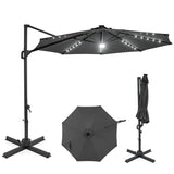 10FT Cantilever Patio Umbrella w/ 36 Solar LED Lights, 360° Rotation Offset Hanging Umbrella, Easy Tilt, 8 Sturdy Ribs, Sun Shade for Yard Pool