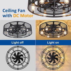 26 - Inch Farmhouse Caged Ceiling Fan with Light, Remote & APP Control Quiet DC Motor E26 Bulbs Included Black
