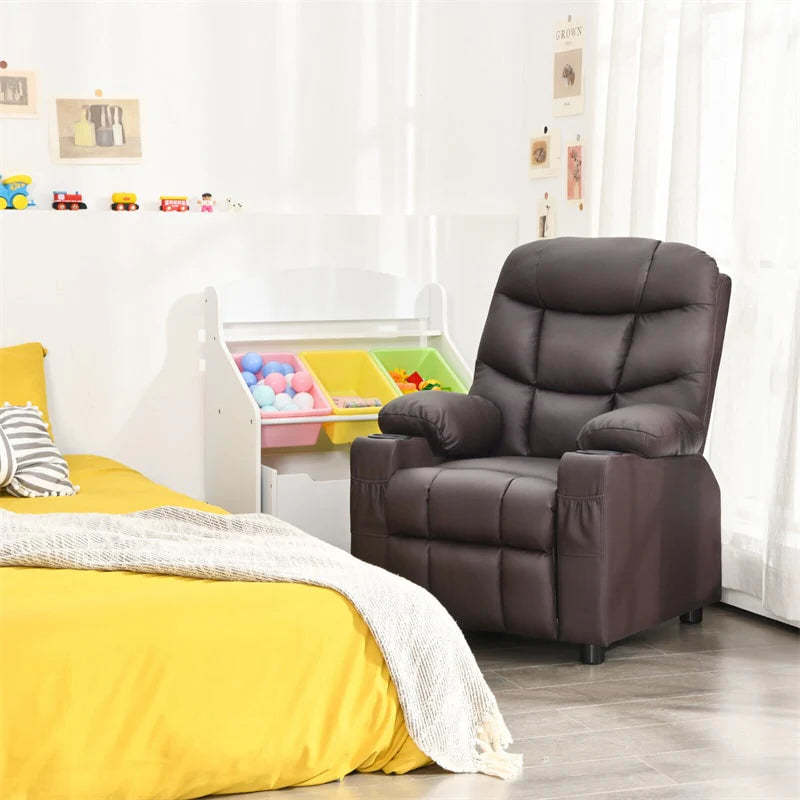 Kids Recliner Chair Adjustable Velvet Lounge Sofa with Cup Holders, 3 Pockets, Retractable Footrest, Toddler Furniture Sofa for Boys Girls Room
