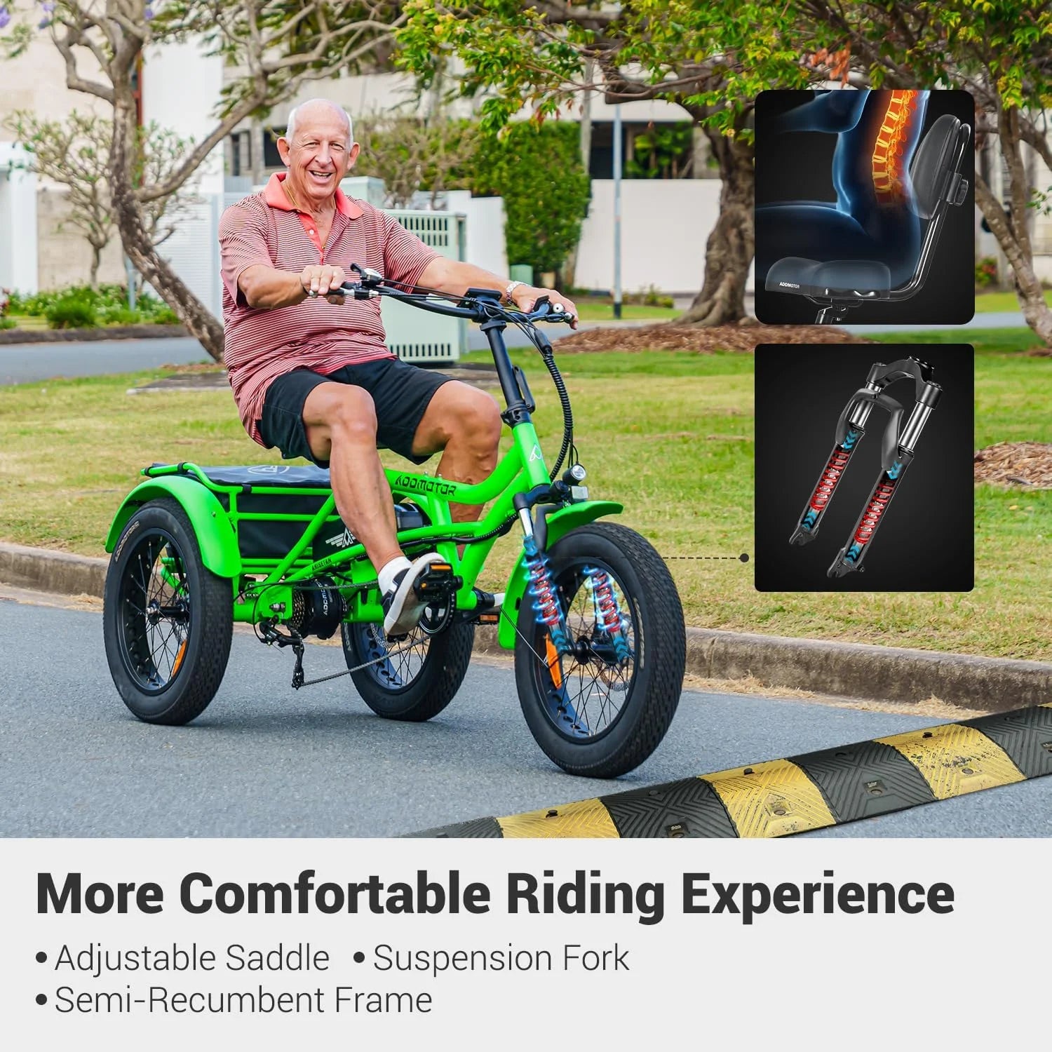 Addmotor M - 360II Semi - Recumbent Electric Trike, 85MI, Fat Tire 3 Wheel Electric Bike for Adults, 750W 48V 20ah Electric Tricycle for Seniors, 20" Electric Trike with Speed Differential, Green