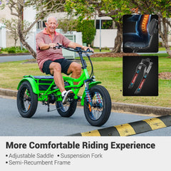 Addmotor M - 360II Semi - Recumbent Electric Trike, 85MI, Fat Tire 3 Wheel Electric Bike for Adults, 750W 48V 20ah Electric Tricycle for Seniors, 20" Electric Trike with Speed Differential, Green