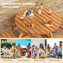 8-Person Round Wood Picnic Table Set with 4 Built-in Benches & 2" Umbrella Hole, Holds 2420 LBS, Outdoor Dining Table & Bench for Patio Garden