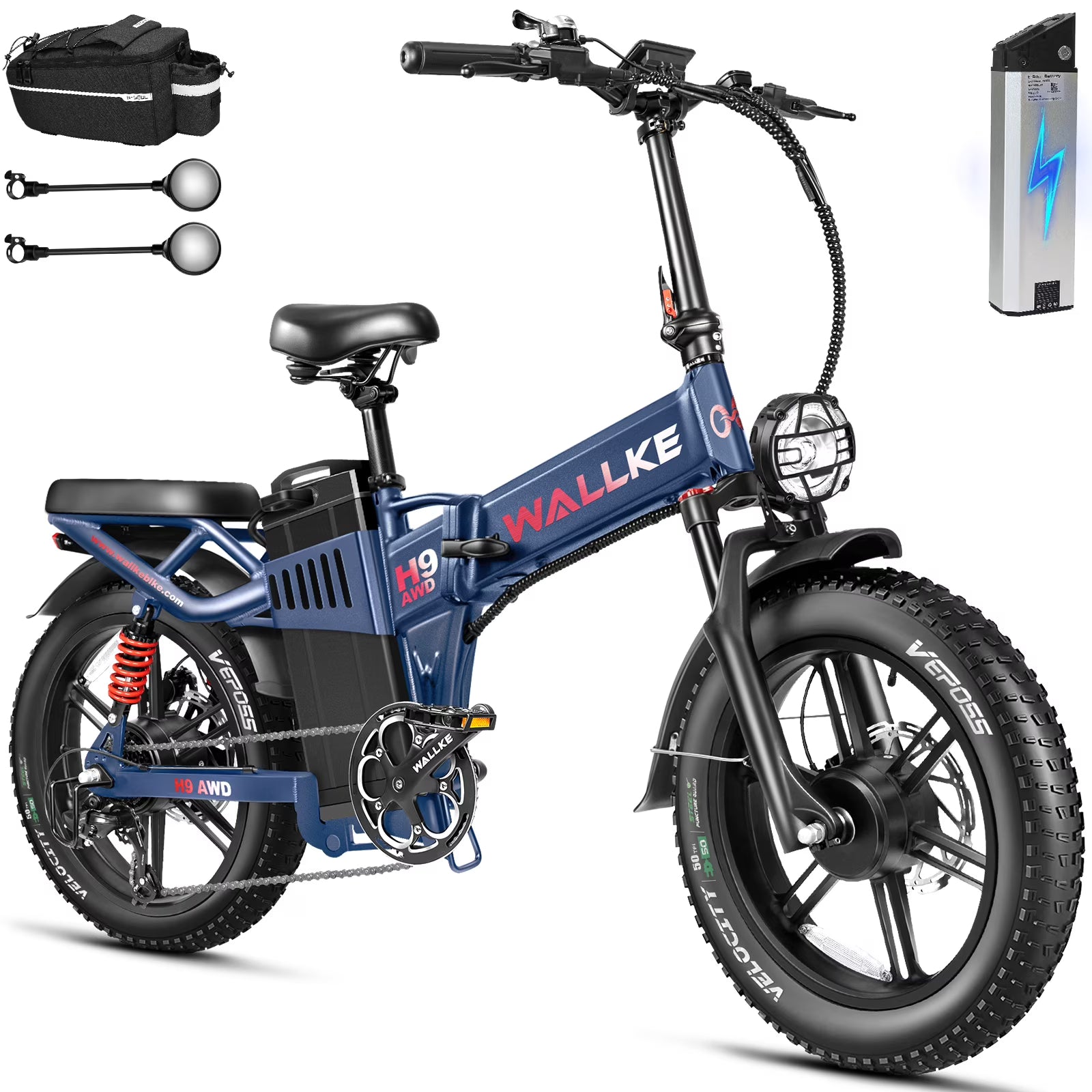 Wallke H9 AWD 3200W Dual Motor Electric Bike for Adult, 82ah 48V Dual Battery Long Range E - Bicycle, 31 - 34MPH Fast Ebike, 20" Fat Tire Offroad Full Suspension Folding, 3mm Aluminum Alloy Frame, UL2849