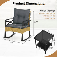 3 Piece Rattan Patio Rocking Bistro Set, Outdoor Wicker Rockers with Cushions & 2-Tier Tempered Glass Coffee Table for Porch, Balcony, Backyard