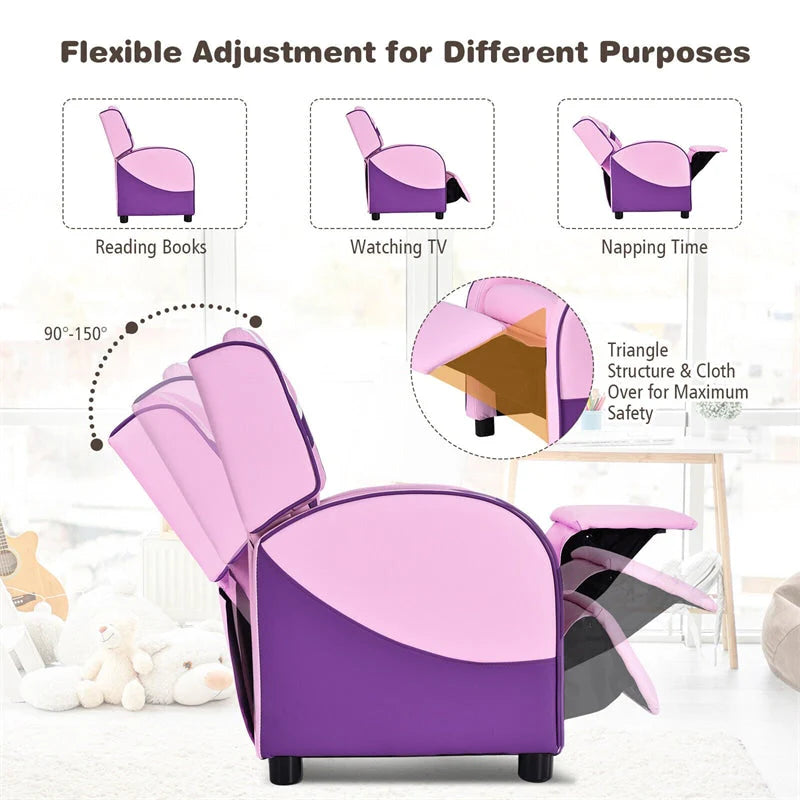 Kids Recliner Chair, Adjustable PU Leather Gaming Sofa with Footrest, Lumbar Support & Side Pockets, Ergonomic Children Lounge Armchair