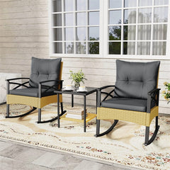 3 Piece Rattan Patio Rocking Bistro Set, Outdoor Wicker Rockers with Cushions & 2-Tier Tempered Glass Coffee Table for Porch, Balcony, Backyard