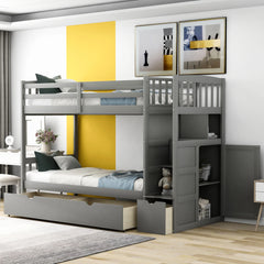 AECOJOY Twin over Full/Twin Convertible Bunk Bed with Storage Shelves and Drawers, Grey