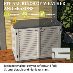 AECOJOY Horizontal Storage Shed with Removable Shelf, Lockable Outdoor Storage Cabinet – 28 Cu.ft, Ivory White