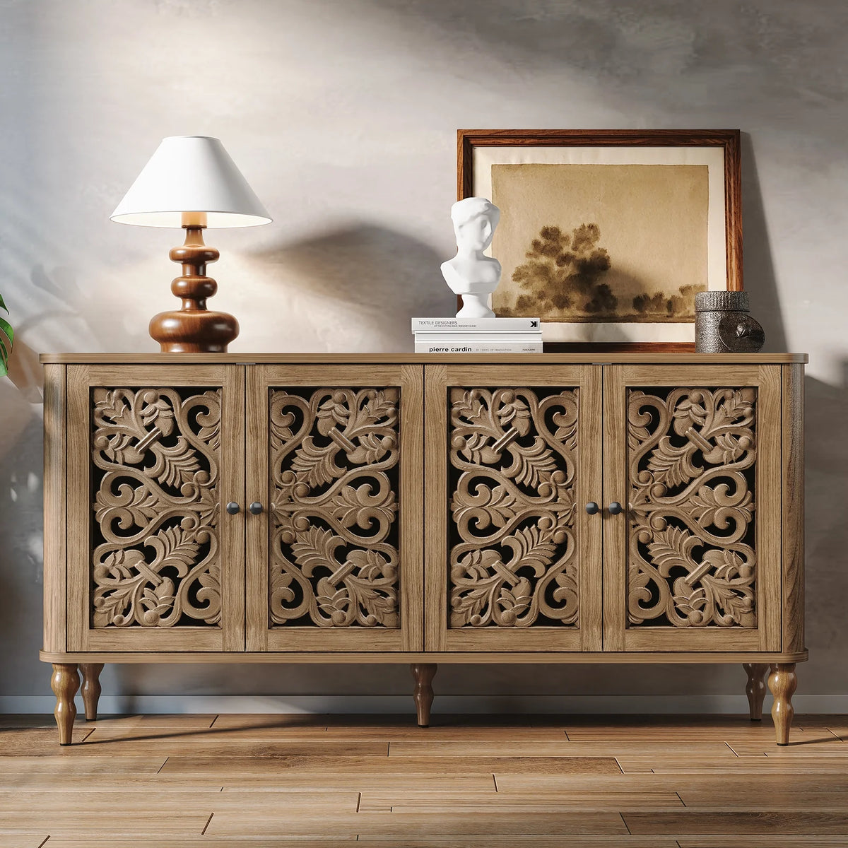 HLR 48" Accent Cabinet with 4 Doors, Vintage Hollow Carving Storage Credenza, Sideboards and Buffets Cabinet for Living Room, Kitchen, Dining Room, Entryway