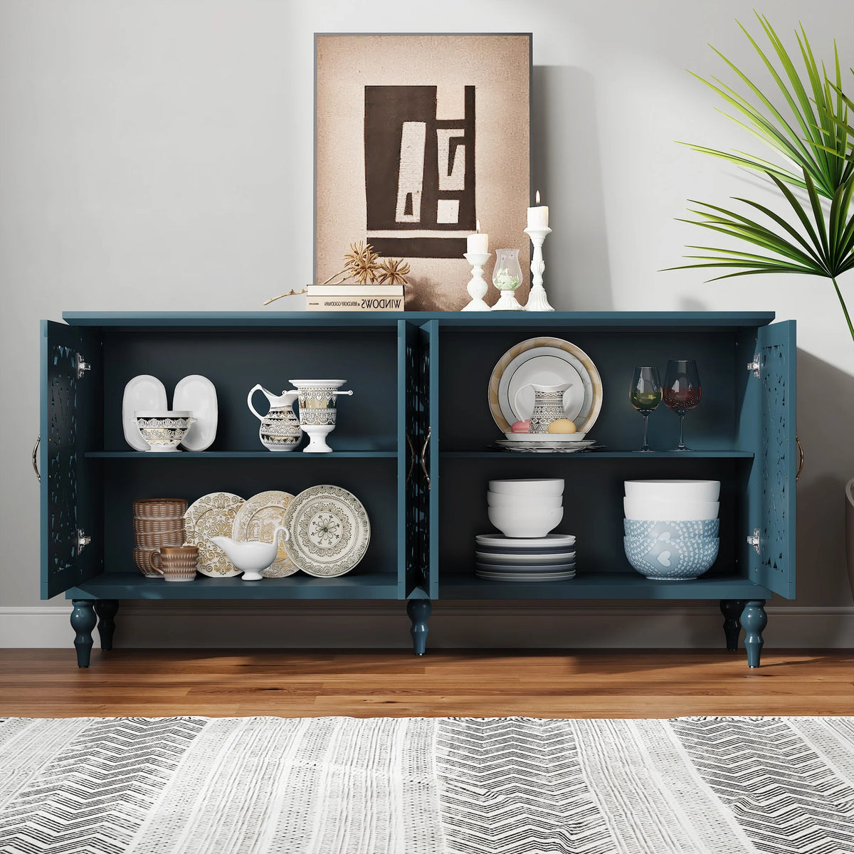 HLR 48" Accent Cabinet with 4 Doors, Vintage Hollow Carving Storage Credenza, Sideboards and Buffets Cabinet for Living Room, Kitchen, Dining Room, Entryway