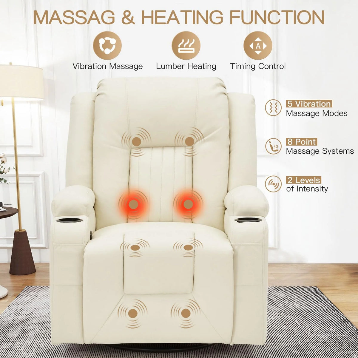 AECOJOY Massage Recliner Manual Chair with Heating & 360° Swivel Rocking Function, Cream White