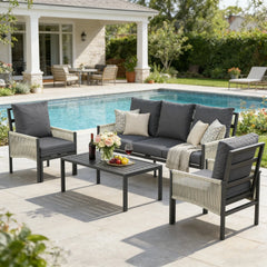 AECOJOY Aluminum Patio Furniture Set - 5 Seat Outdoor Sectional with Retractable Footrest Sofas & Coffee Table