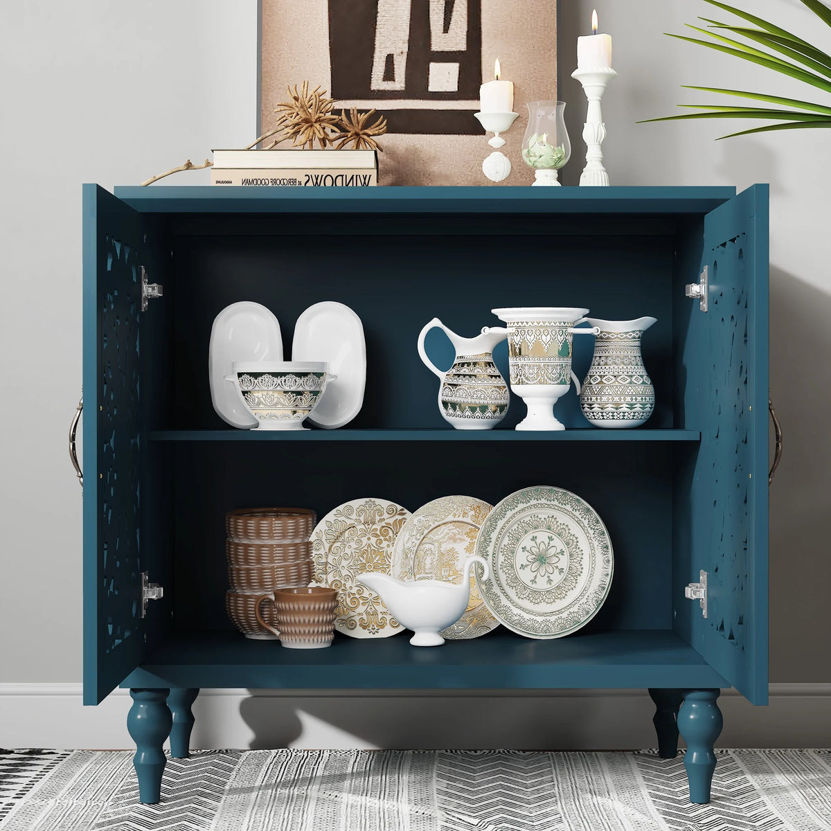 HLR 48" Accent Cabinet with 4 Doors, Vintage Hollow Carving Storage Credenza, Sideboards and Buffets Cabinet for Living Room, Kitchen, Dining Room, Entryway