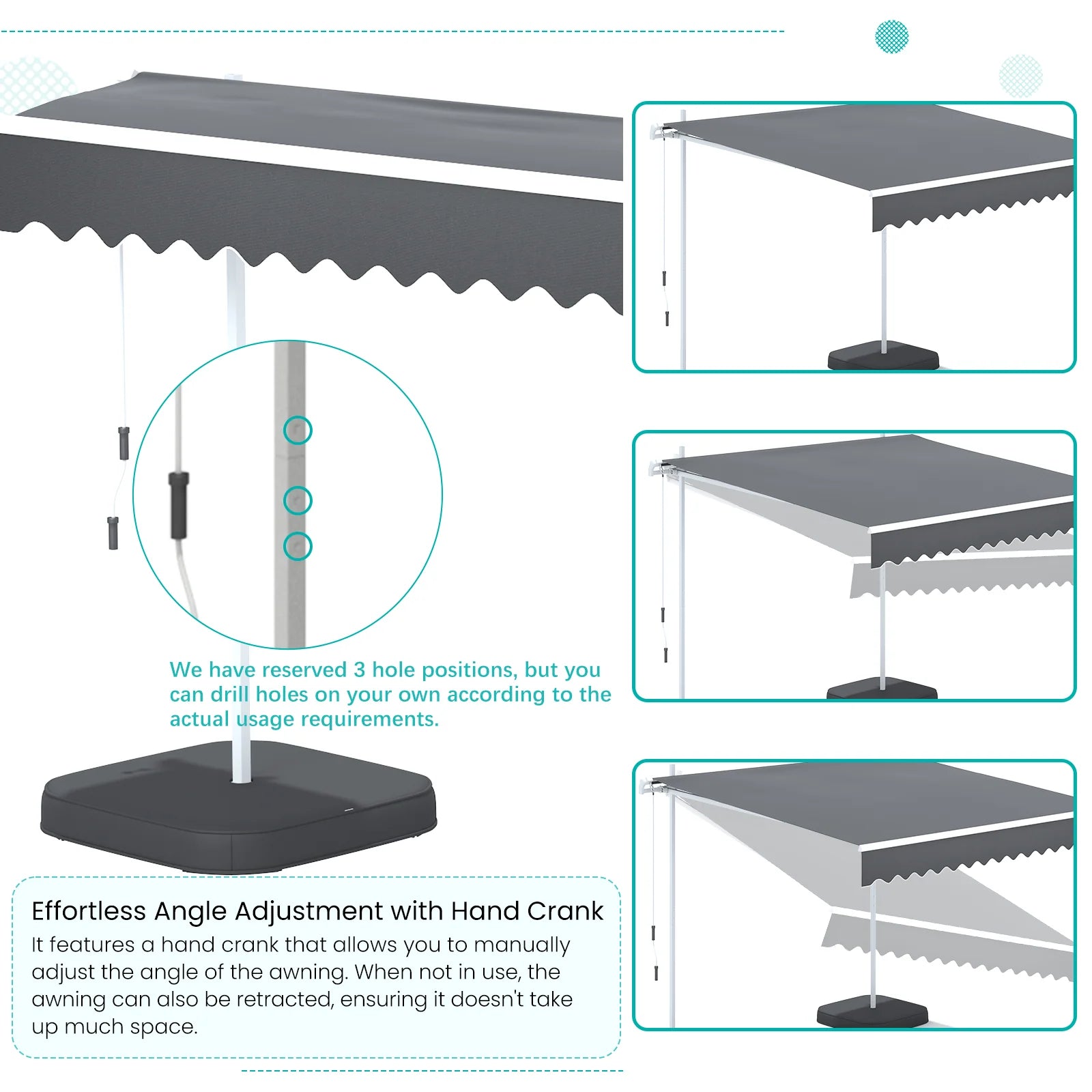 AECOJOY Free Standing Retractable Awning, 13'x8' Patio Awnings Outdoor Manual Sun Shade Shelter, Dark Grey