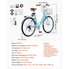 KFFKFF 26" Cruiser Bike, 7 - Speed, Pale Blue Coastal Riding Bike with Spacious Basket and Back Stand, Safe & Robust Bicycle with Modifiable Saddle