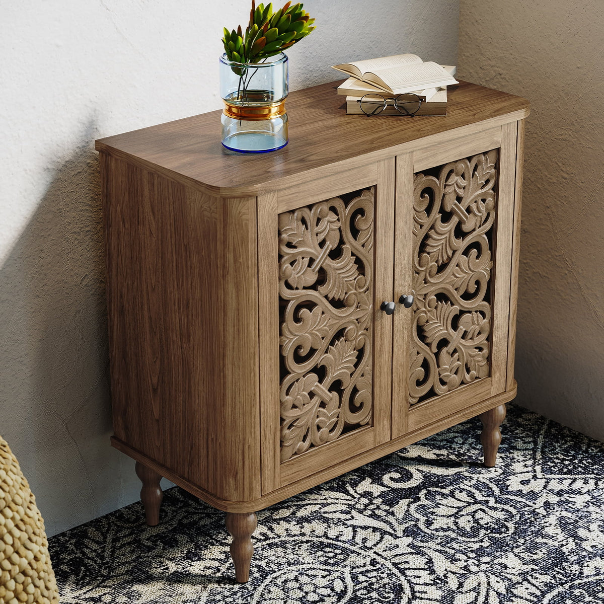 HLR 48" Accent Cabinet with 4 Doors, Vintage Hollow Carving Storage Credenza, Sideboards and Buffets Cabinet for Living Room, Kitchen, Dining Room, Entryway
