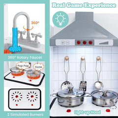 3-Piece Modular Kids Kitchen Playset, Wooden Little Chef Pretend Play Kitchen Set with Refrigerator, Washing Machine, Range Hood & Stove for Toddlers