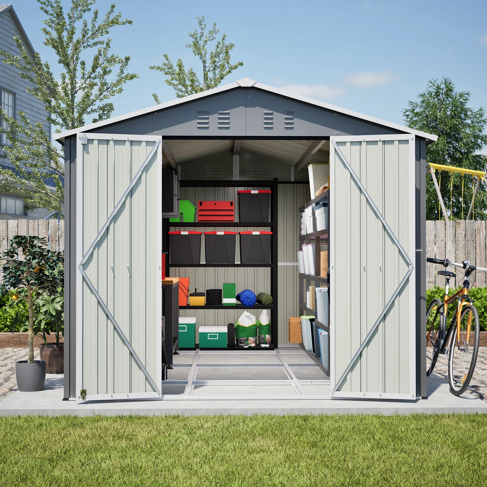 AECOJOY 8x12 FT Outdoor Metal Storage Shed with Additional Side Door, Large Tool Shed with 2 Lockable Doors