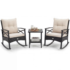 Tangkula 3 Pieces Outdoor Rocking Chairs Set Rattan Heavy Duty Cushioned Rocker Chairs