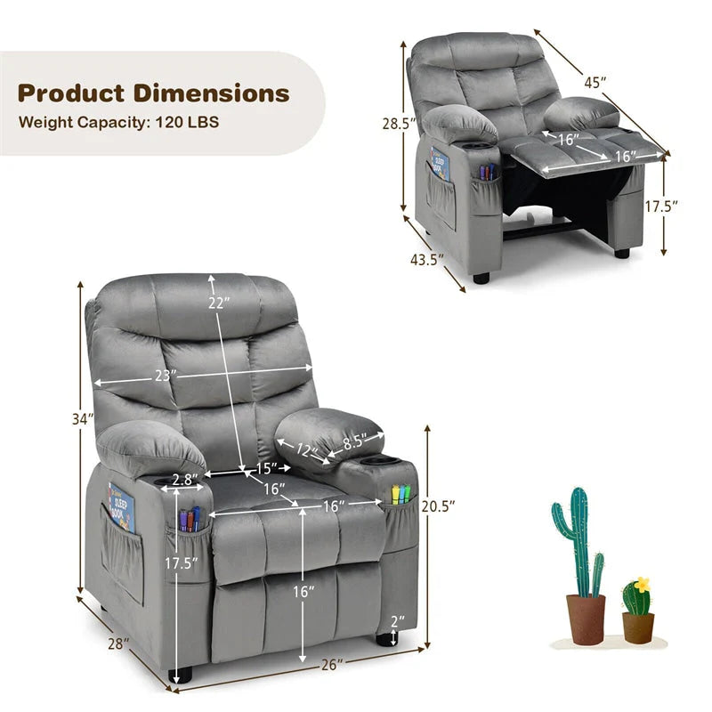 Kids Recliner Chair Adjustable Velvet Lounge Sofa with Cup Holders, 3 Pockets, Retractable Footrest, Toddler Furniture Sofa for Boys Girls Room