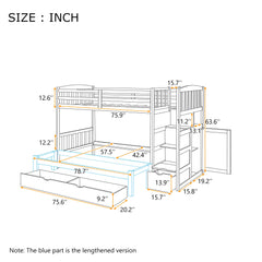 AECOJOY Twin over Full/Twin Convertible Bunk Bed with Storage Shelves and Drawers, Grey