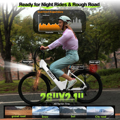 ESKUTE White Electric Bike for Adults - Peak 1500W Brushless Motor, 19MPH, 500W Motor 48v14ah Removable Battery, 26" Step - Thru Cityrun Ebike, 7 - Speed, up 70 Miles, Commuter E - Bike, with NFC Unlock