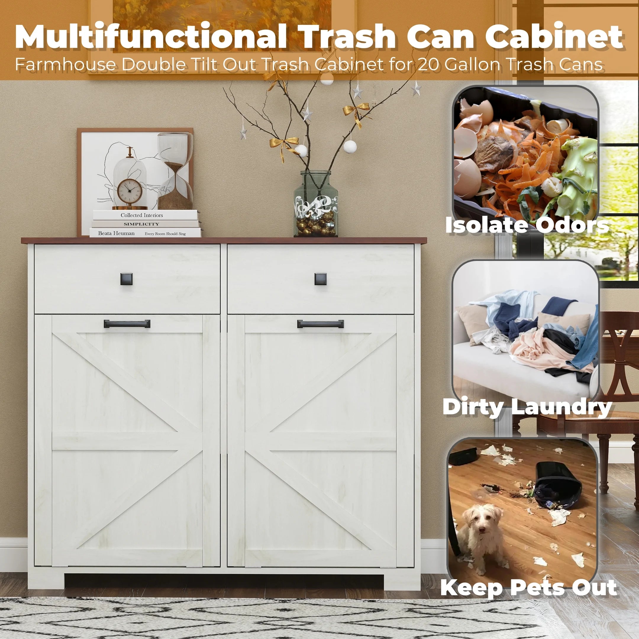 Trumanpick 61"h Large Buffet Sideboard Cabinet, TV Cabinet, Kitchen Pantry for Dining Room, Living Room, 61.3''L x 15''W x 29.8''H, White/Walnut