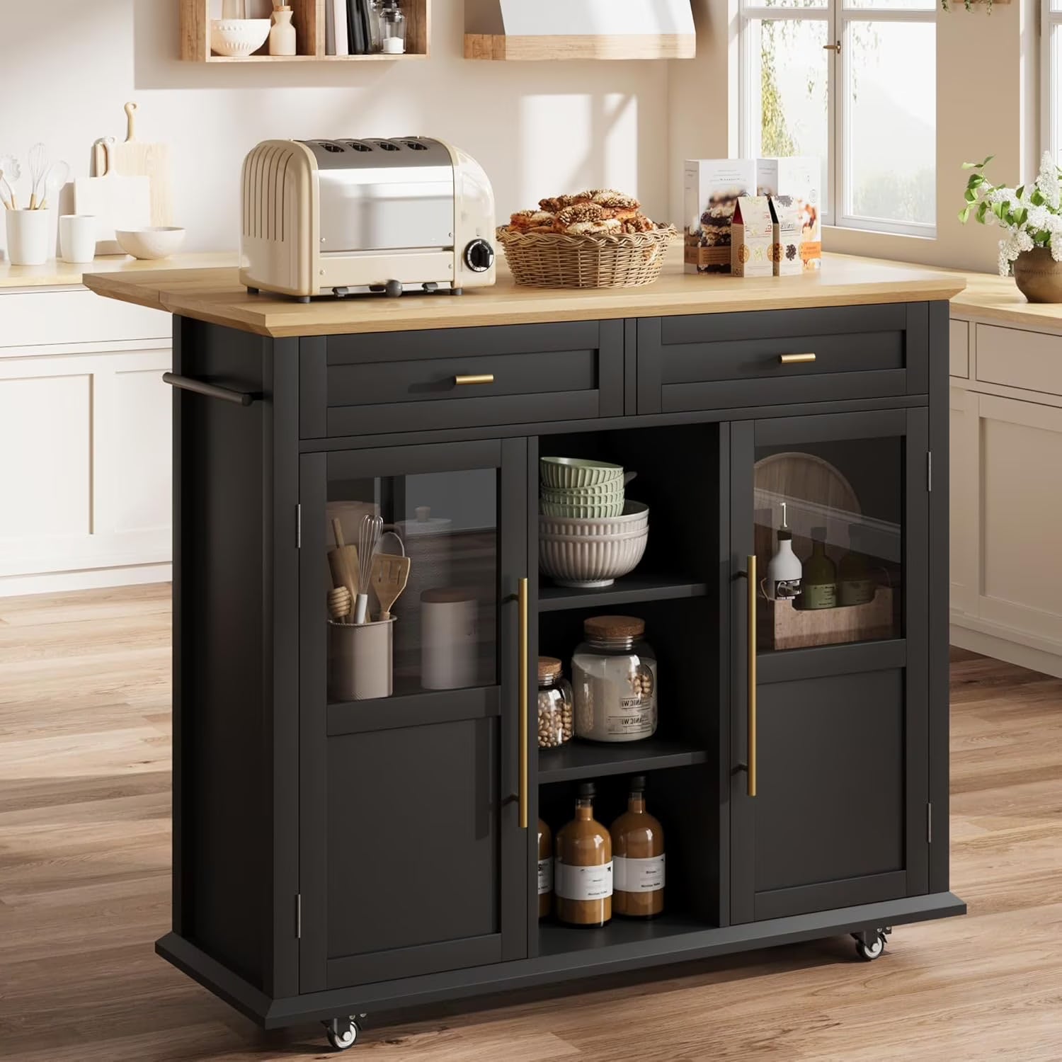 WALYWIK Foldable Kitchen Island Cart with Wheels, 2 Glass Doors, Spice Rack & Towel Holder - Compact Mobile Storage Cart for Small Kitchens, Dining Rooms, Camping & Rvs - Grey