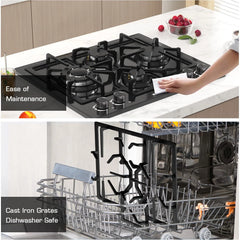 24 in Black Gas Cooktop - Built - in Dual Fuel Natural Gas & Propane Stove - 4 Burner Convertible Cooktop with Thermocouple Protection