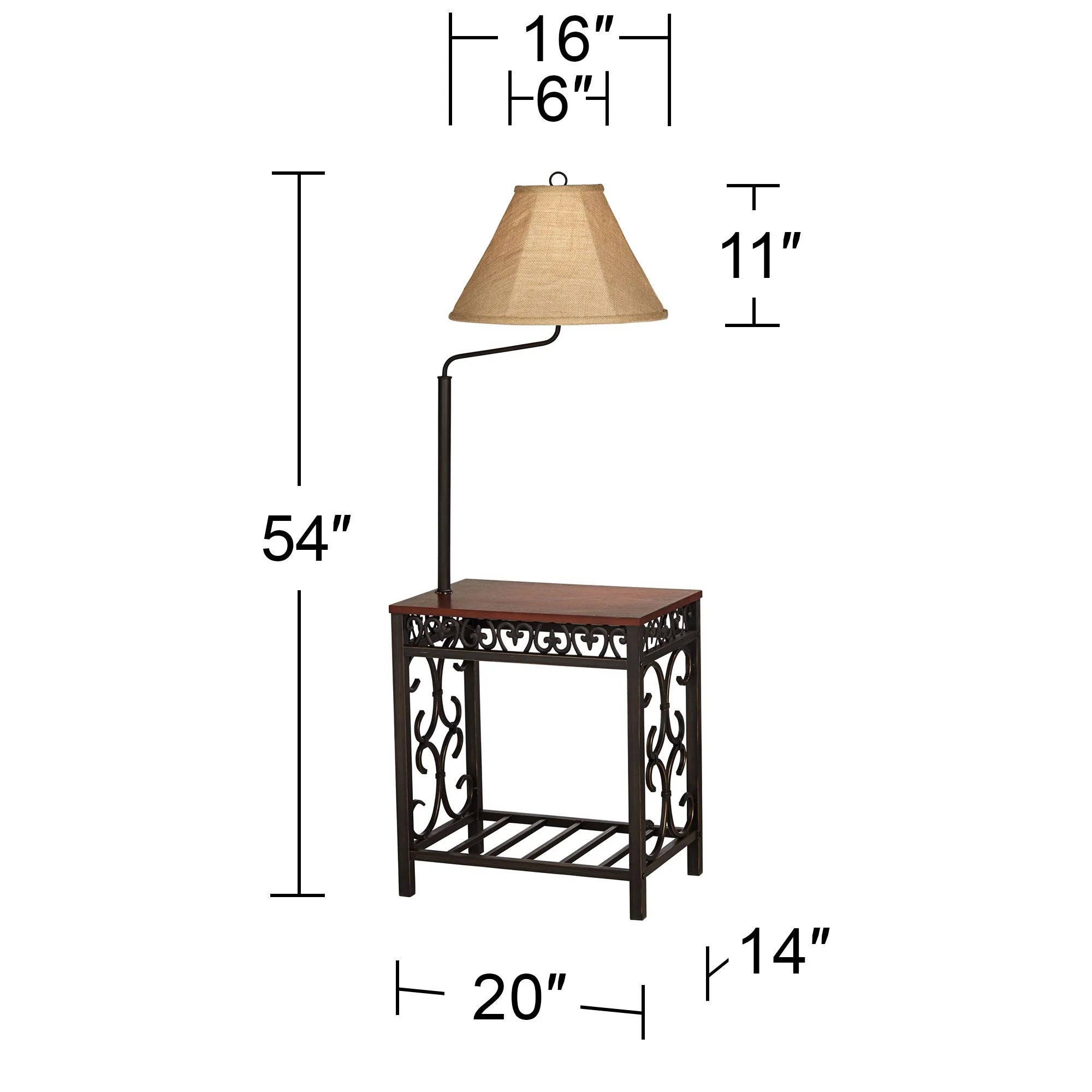 Regency Hill Travata Rustic Vintage Floor Lamp with End Table 54" Tall Bronze Scrollwork Swing Arm Burlap Fabric Empire Shade for Living Room Reading