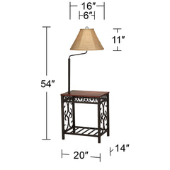 Regency Hill Travata Rustic Vintage Floor Lamp with End Table 54" Tall Bronze Scrollwork Swing Arm Burlap Fabric Empire Shade for Living Room Reading