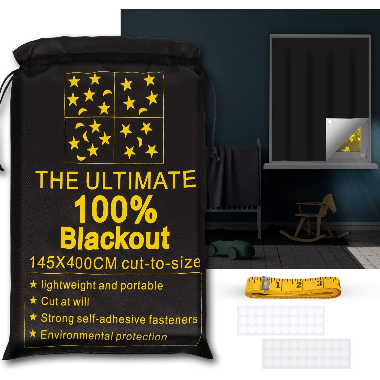 RUseeN Portable Blackout Shades (157" x 57") Travel Window Blackout Curtains, 100% Blackout Material Temporary Blackout Blinds for Baby Nursery,