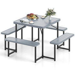 4-8 Person Outdoor Picnic Table Bench Set, All-Weather HDPE Square Dining Table with Umbrella Hole, 4 Benches & Metal Frame for Patio Backyard