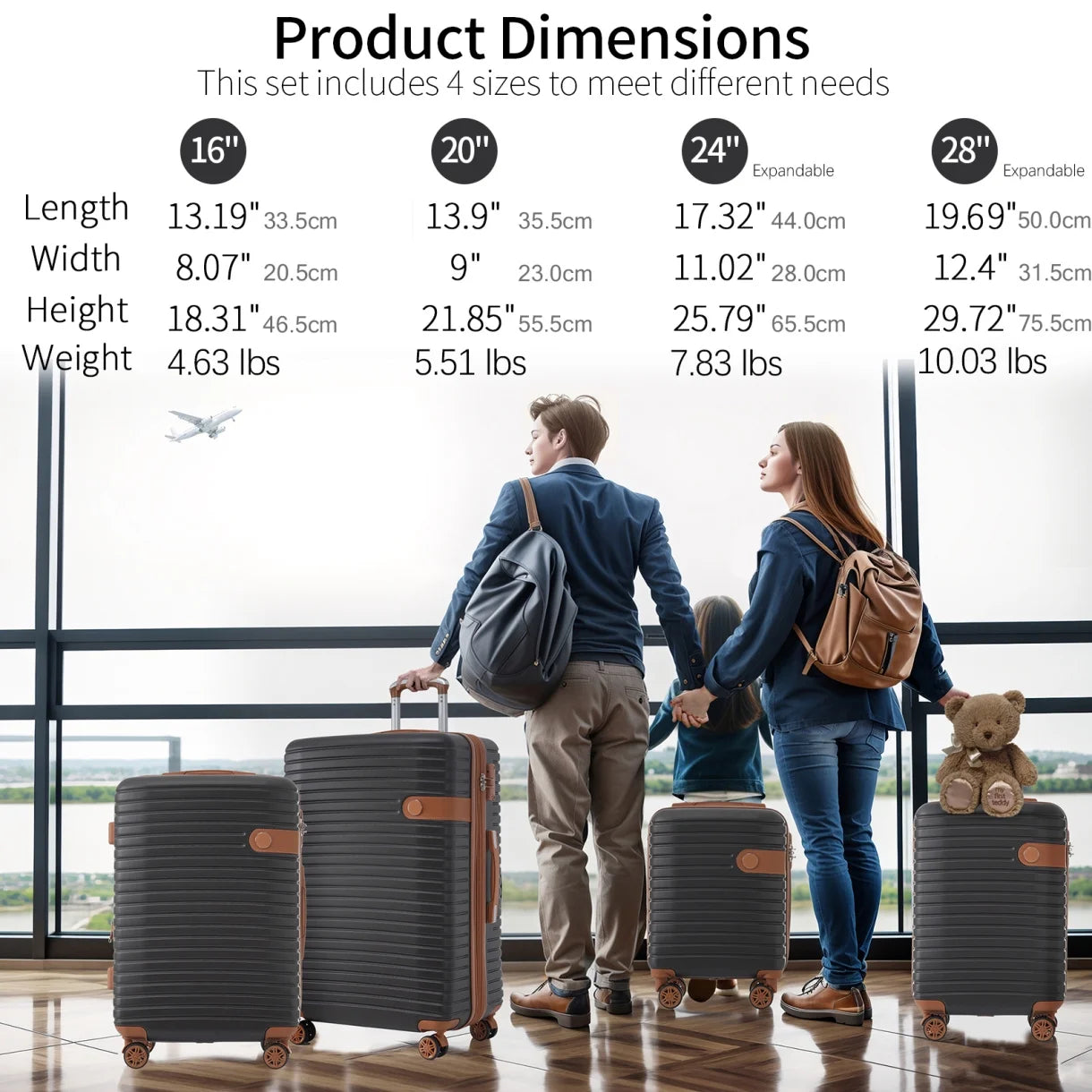 Luggage Sets, 4 - Piece Lightweight Suitcase Set with 4 Packing Cubes and TSA Lock, Hardshell Suitcases with Spinner Wheels, (16/20/24/28 ), Brown