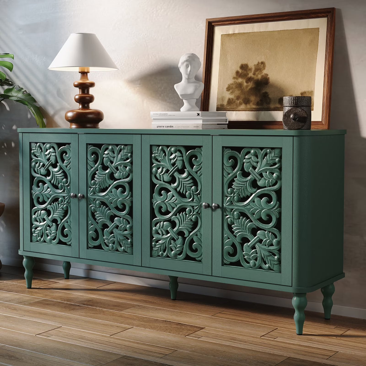HLR 48" Accent Cabinet with 4 Doors, Vintage Hollow Carving Storage Credenza, Sideboards and Buffets Cabinet for Living Room, Kitchen, Dining Room, Entryway