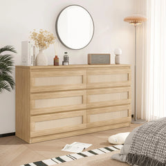 Garvee Rattan Dresser for Bedroom 6 Drawer, Double Dresser with Anti - Tip Kit, Wood Storage Wide Chest of Drawers for Bedroom, Living Room, Hallway, Oak Color