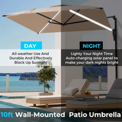 AECOJOY 10FT Large Patio Umbrella with Solar Lights, Rectangle Wall Mounted Outdoor Patio Umbrella, Beige