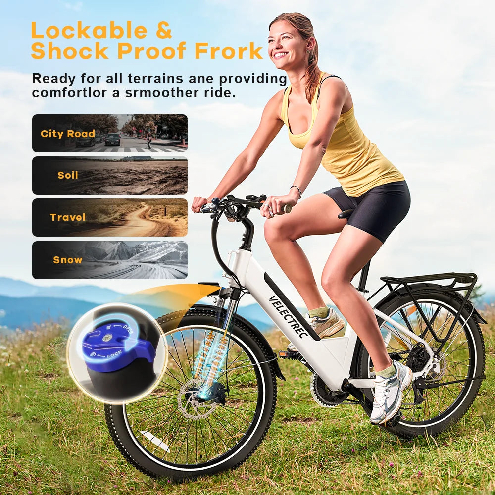 Velectrec Electric Bike 750W Motor, 26" Fat Tire 48V 10.4ah Battery 35 - 50miles Ebike