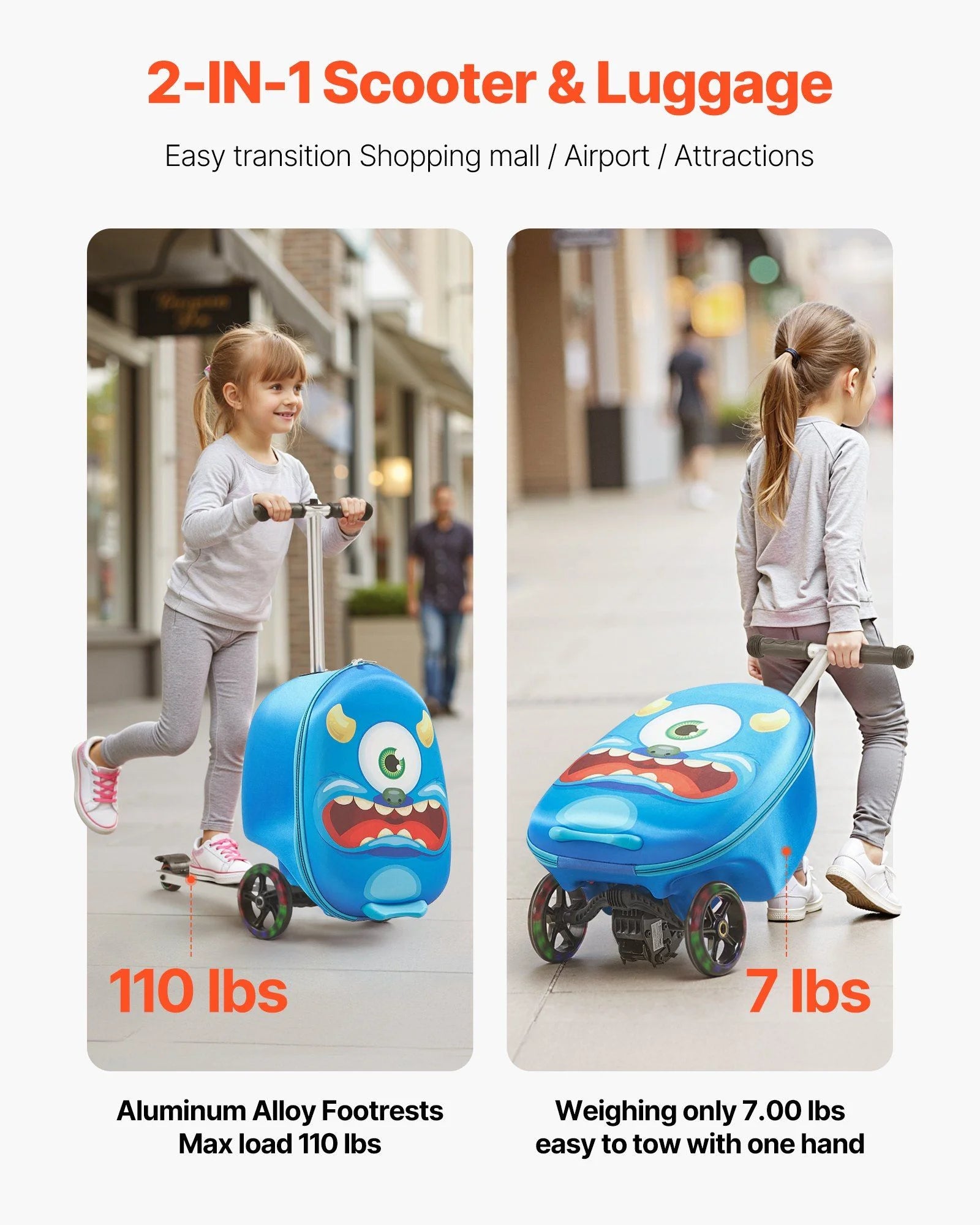 VEVOR Ride - on Luggage 20 - Inch Kids Scooter Suitcase with Flash Wheels Blue