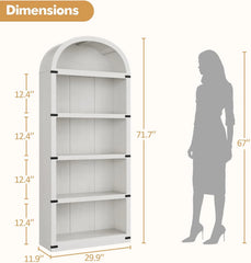 Bookcase 5 Shelf Arched Bookshelf 71.65in Tall Bookcase Farmhouse Display Storage Rack Wooden Bookshelves for Home Office, Living Room(White)