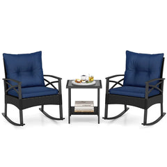 3 Piece Rattan Patio Rocking Bistro Set, Outdoor Wicker Rockers with Cushions & 2-Tier Tempered Glass Coffee Table for Porch, Balcony, Backyard