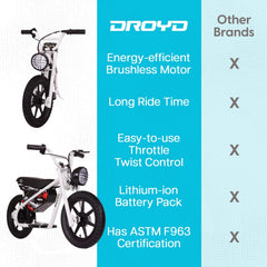Droyd Weeler Electric Mini Bike - 24V 8ah Battery, 6 - 10 MPH, up to 8 Miles, LED Lights, Kids Ages 6+