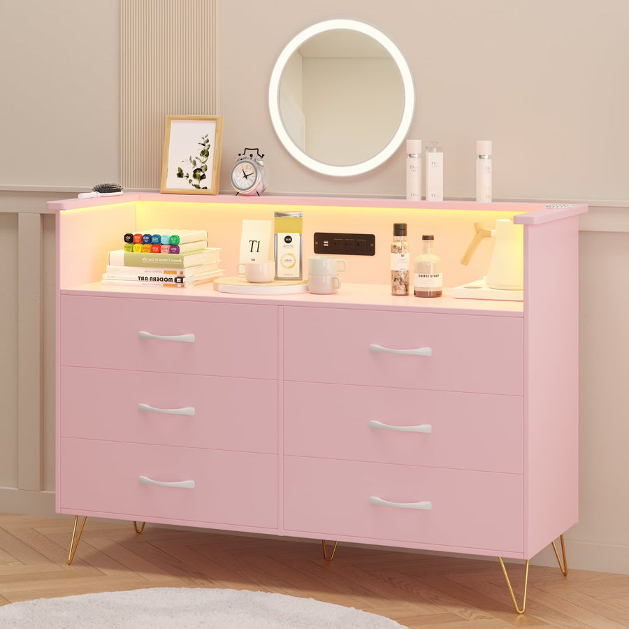 Garvee Dresser for Bedroom 6 Drawer with LED Light & Charging Station, Wooden Dressers and Chests of Drawers with 2 - Tier Open Shelves, Wide Dresser Organizer for Living Room Hallway Entryway, Pink