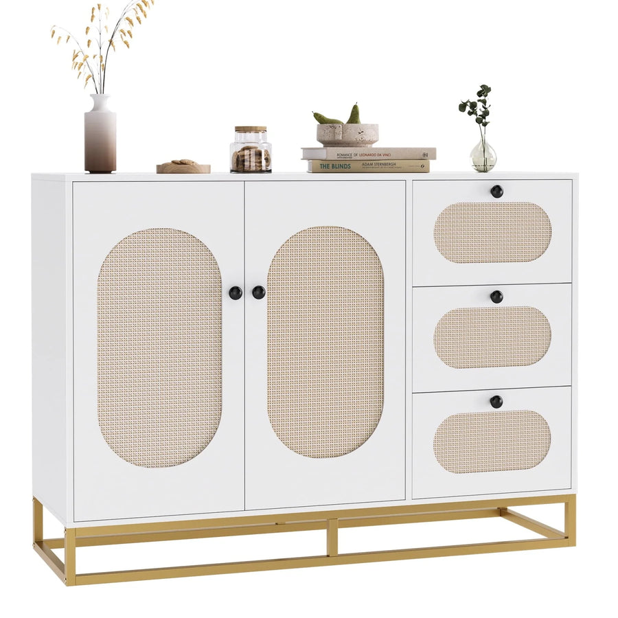 Homfa 3 Drawers Accent Storage Cabinet, 34.2"h Gold Buffet Sideboard with Rattan Doors for Living Room, White