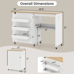 Folding Sewing Table with Charging Station, Rolling Craft Table w/ 3 Storage Trays & Shelf, Mobile Sewing Machine Cabinet for Small Spaces