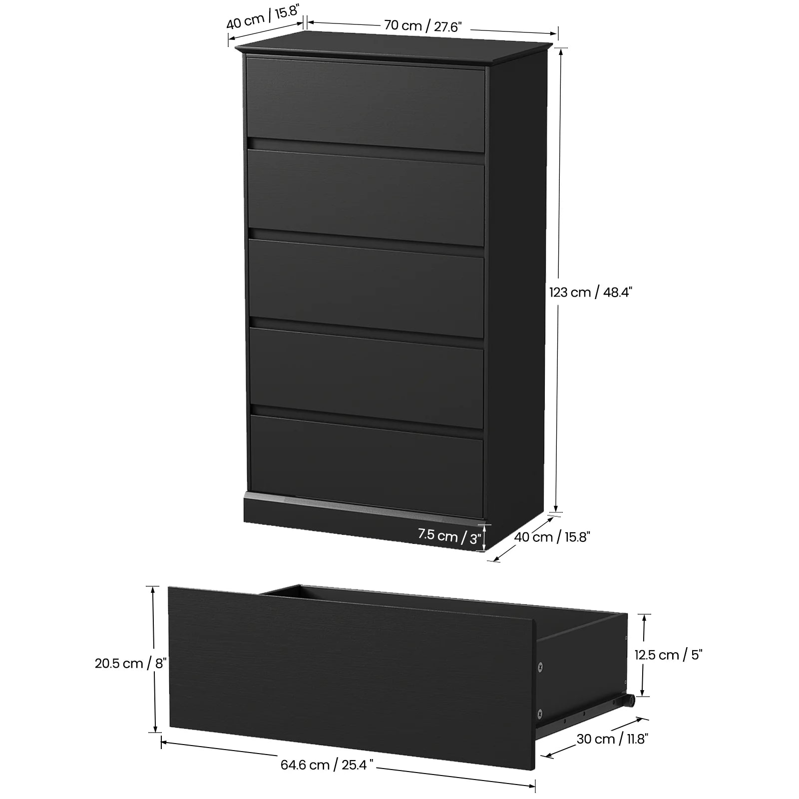 Black Dresser Bedroom Dresser, Tall Wood 5 Drawer Dresser & Chest of Drawers for Closet, Living Room Hallway Kids Bedroom