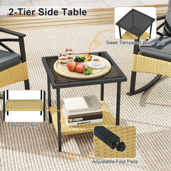 3 Piece Rattan Patio Rocking Bistro Set, Outdoor Wicker Rockers with Cushions & 2-Tier Tempered Glass Coffee Table for Porch, Balcony, Backyard