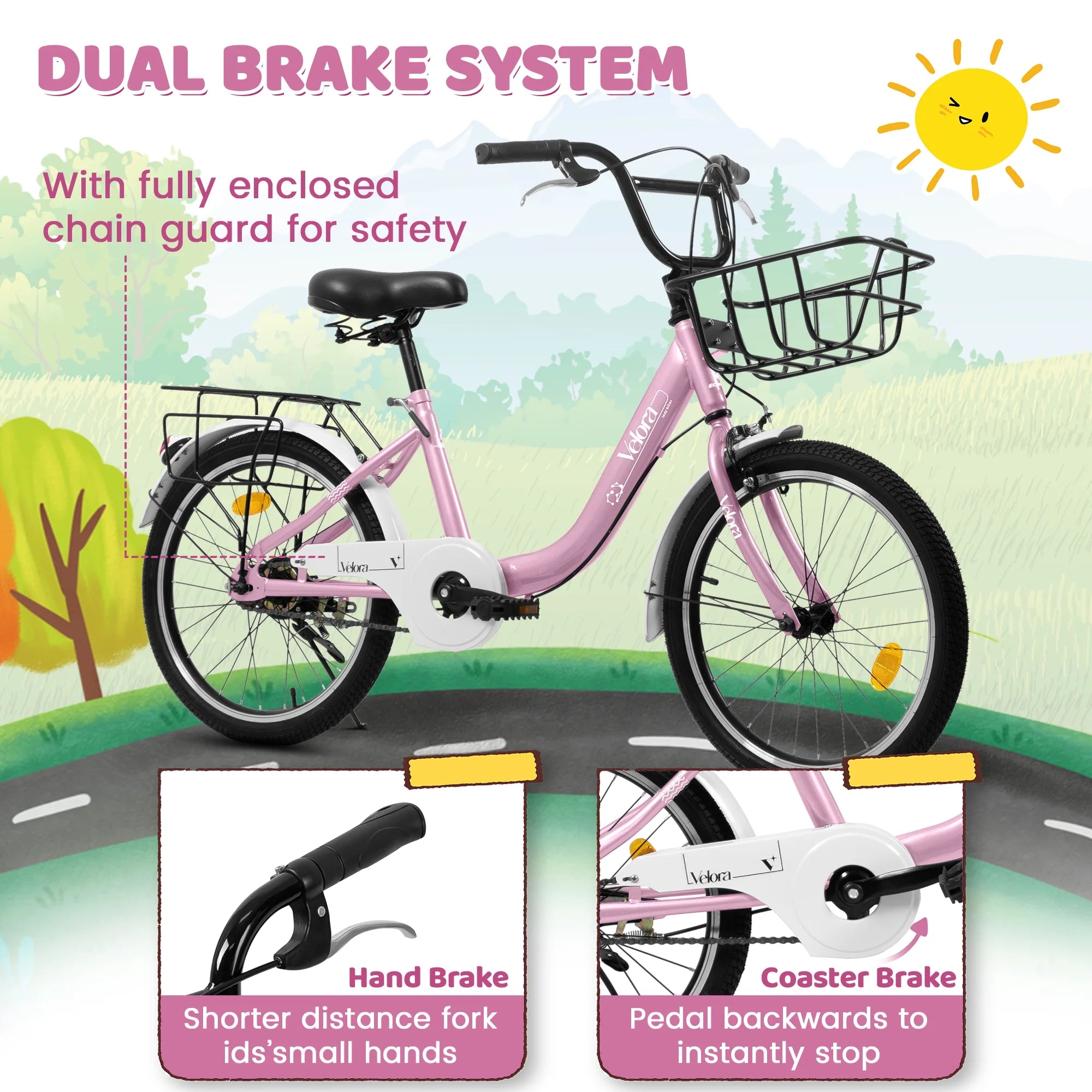 20 in Kids Bike for Boys Girls, 1 Speed Children Bicycle with Basket, Rear Seat, Chain Guard, Coaster Brake and V - Brake, Steel Frame Kids Bike for Ages 6 - 12 Years Old Birthday Gift, Purple